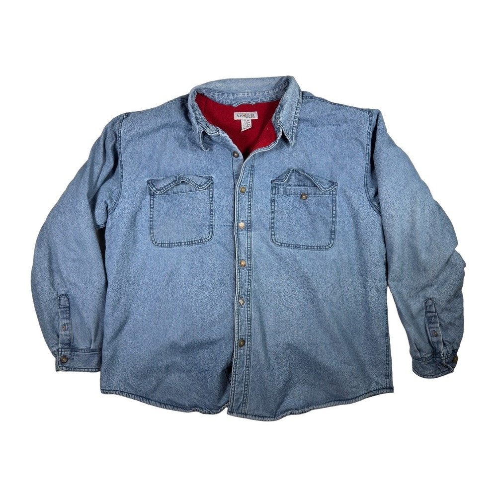 Sun River Denim Shirt Jacket‎ Mens XXL Blue Red Lined Long Sleeve Cotton Blend